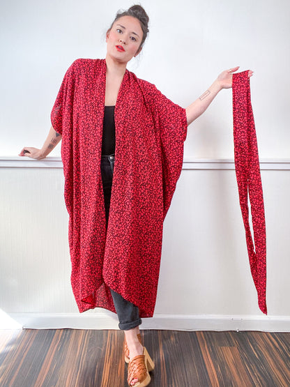 Print High Low Kimono Black Red Mini Floral Challis