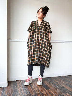 Plaid Midi Smock Dress Olive