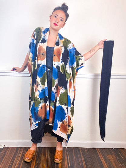 OOAK Hand-Dyed High Low Kimono Terracotta Moss Denim Raven Inkblot