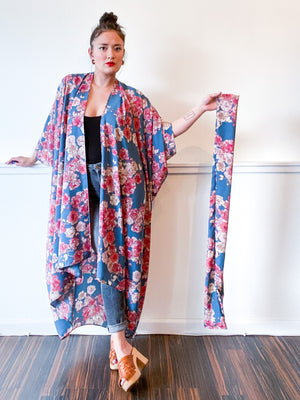 Print High Low Kimono Teal Rose Floral Georgette