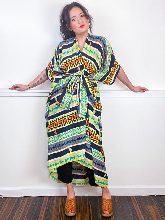 Print High Low Kimono Southwest Stripes Crepe de Chine