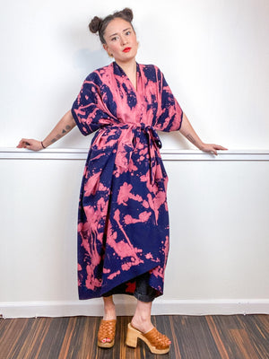 Hand-Dyed High Low Kimono Navy Peach Bleach