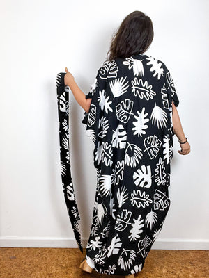 Print High Low Kimono Black White Mod Leaf Challis