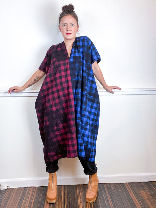 Over-Dye Plaid Smock Dress 2-Tone Blue Red Black Midi