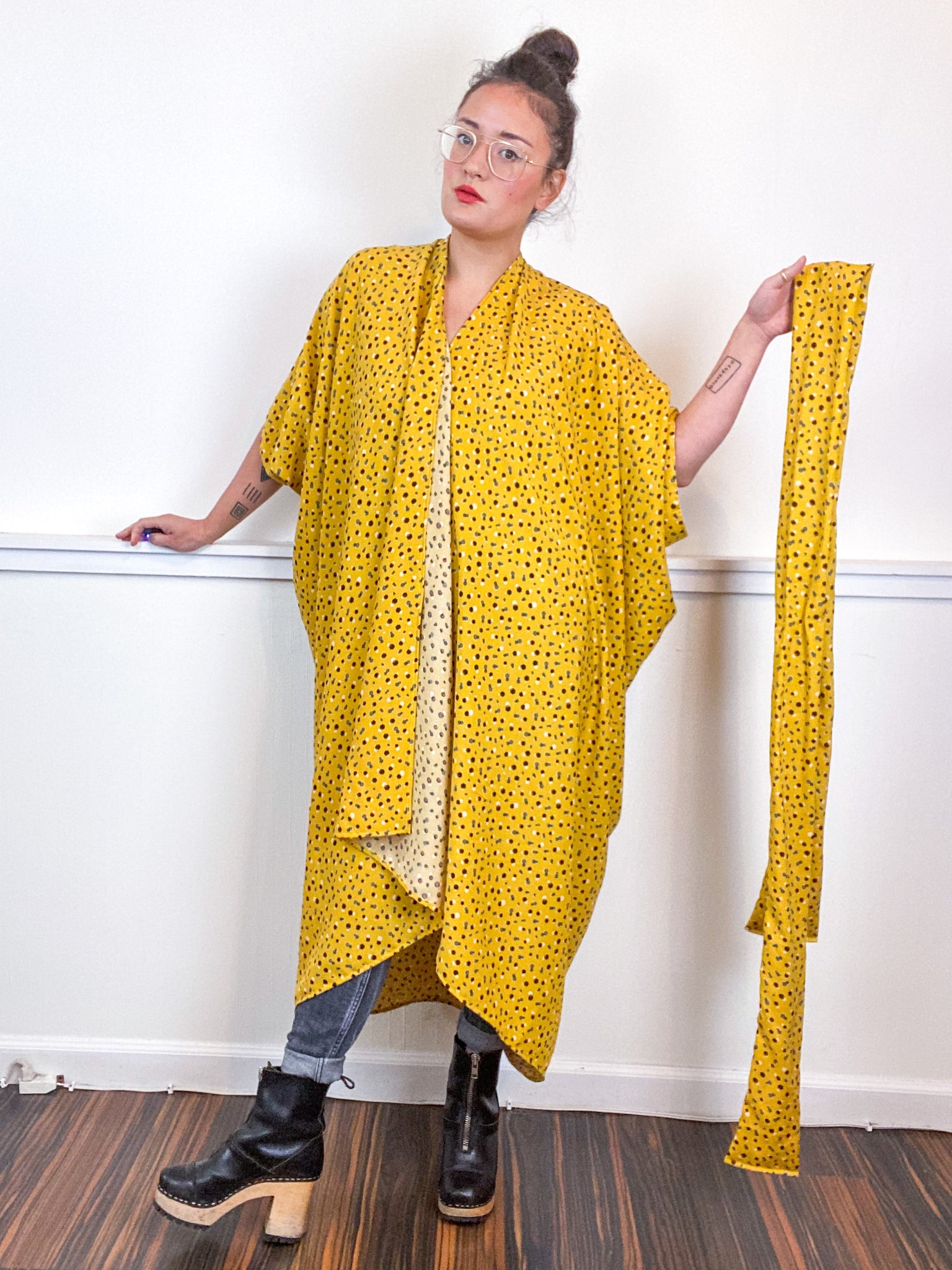 Print High Low Kimono Mustard Hexagon Rayon Challis