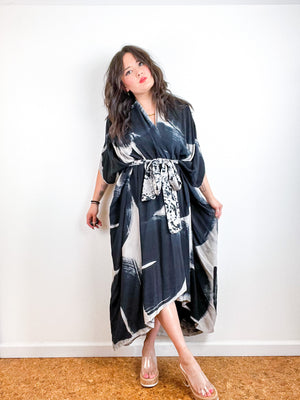 Hand-Dyed High Low Kimono Silver Black Brushstroke