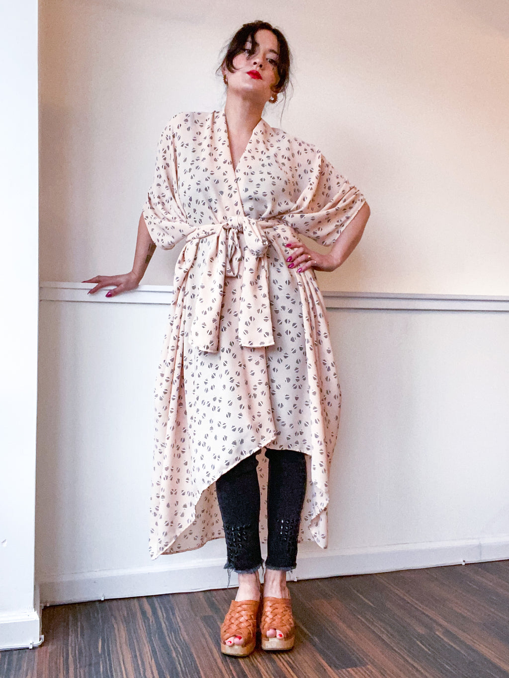 Print High Low Kimono Peach Dots