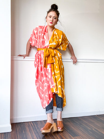 Limited Edition Hand-Dyed High Low Kimono Marigold Coral