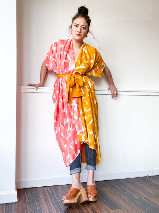 Limited Edition Hand-Dyed High Low Kimono Marigold Coral