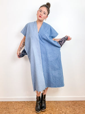 Denim Smock Dress Midi Two Tone