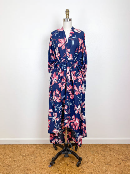 Print High Low Kimono Navy Peach Magnolia Georgette