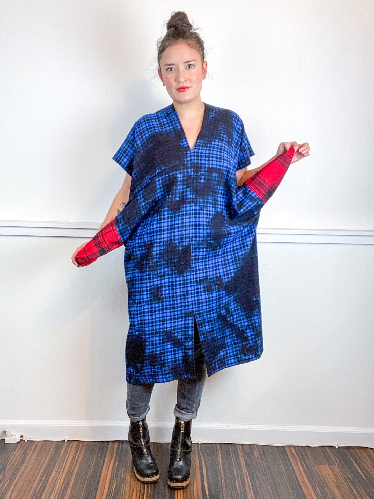 Over-Dye Plaid Smock Dress Black Blue Midi