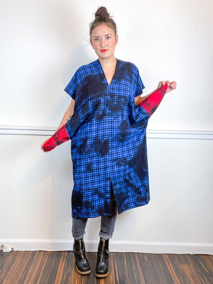 Over-Dye Plaid Smock Dress Black Blue Midi