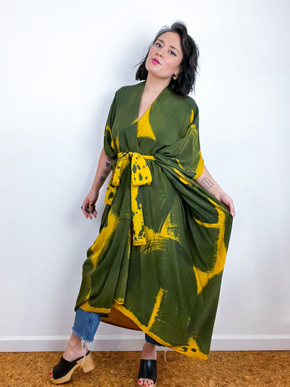 Hand-Dyed High Low Kimono Marigold Olive Brushstroke