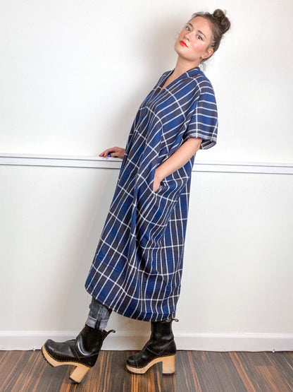 Plaid Smock Dress Charcoal Blue Midi