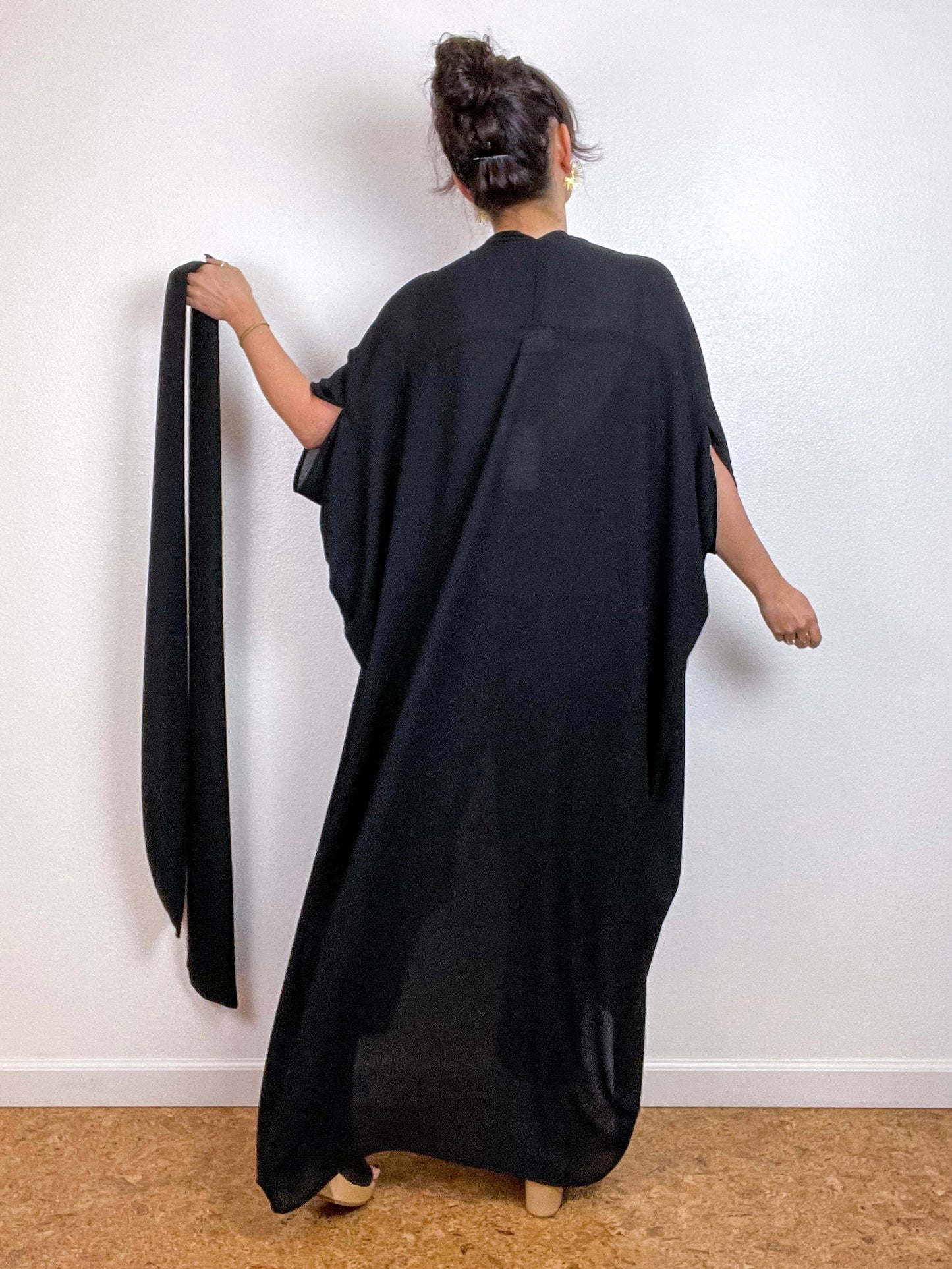 Solid High Low Kimono Black Bubble Chiffon