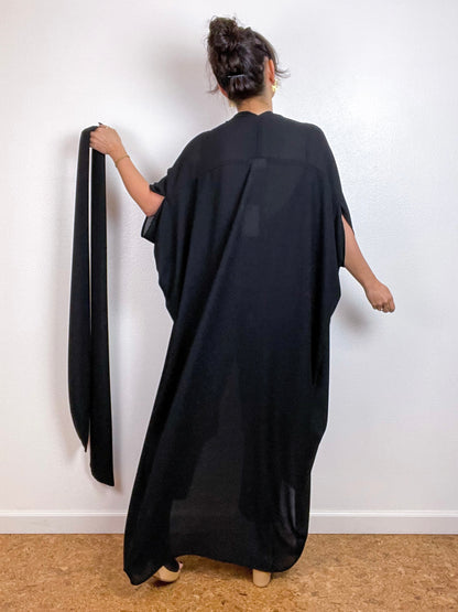 Solid High Low Kimono Black Bubble Chiffon
