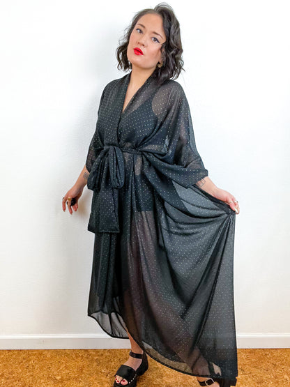 Print High Low Kimono Black Gold Pindot Chiffon