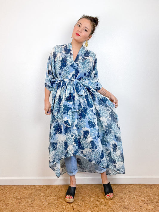 Print High Low Kimono Blue Hydrangea Floral Chiffon