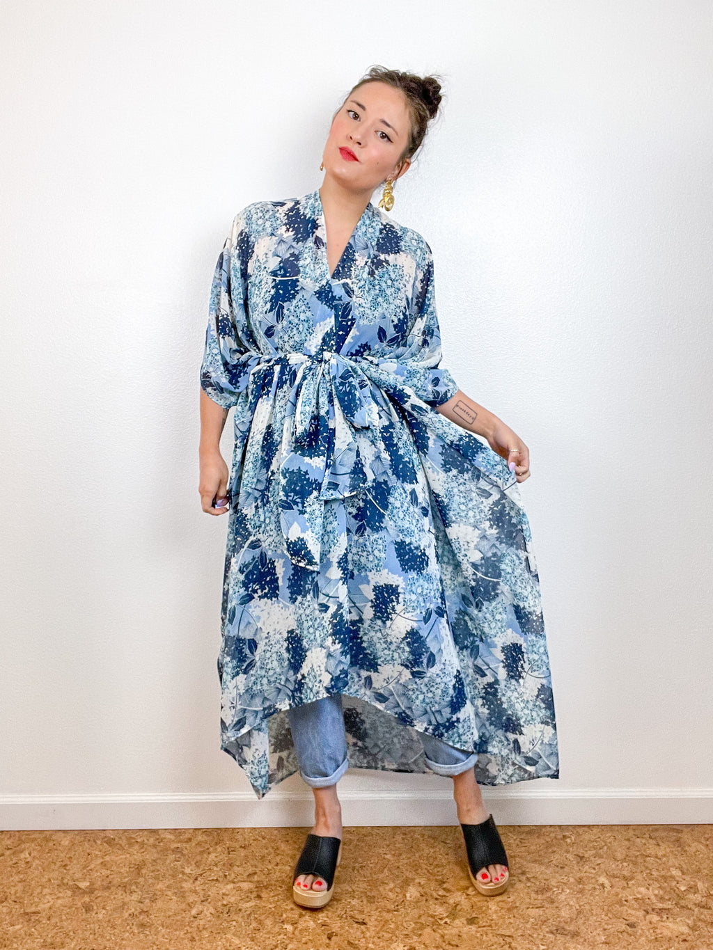 Print High Low Kimono Blue Hydrangea Floral Chiffon