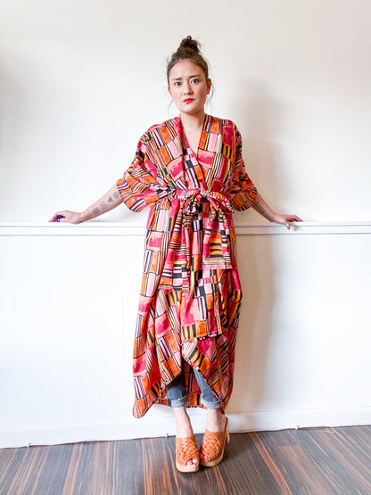Print High Low Kimono Orange Mod