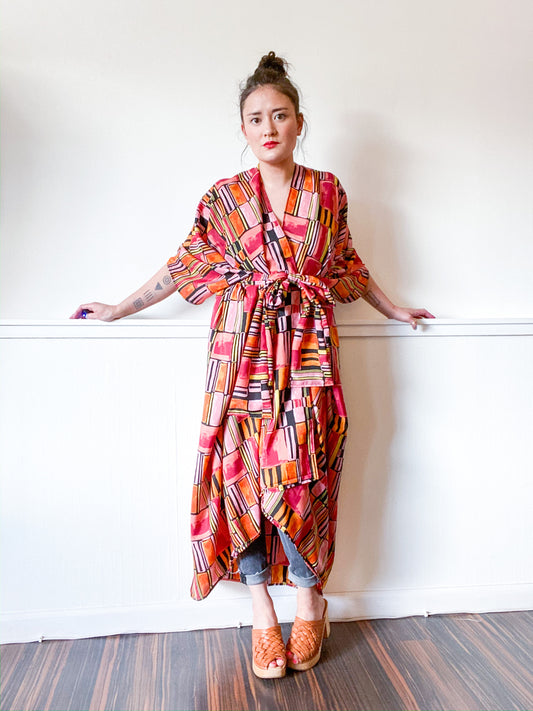 Print High Low Kimono Orange Mod