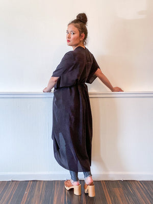Hand-Dyed High Low Kimono Black Over Dye Silk