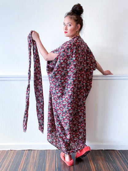 Print High Low Kimono Navy Fuchsia Green Floral Crepe de Chine