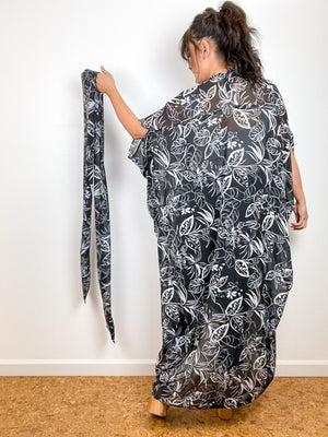 Print High Low Kimono Black White Leaves Chiffon
