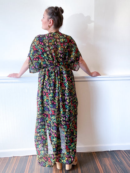 Print High Low Kimono Black Multicolor Floral Crinkle Chiffon