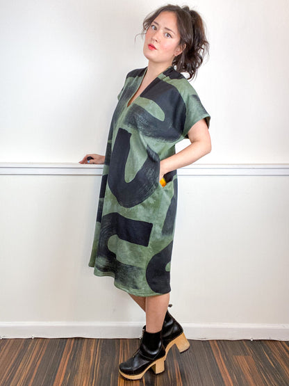 Hand-Dyed Sweatshirt Smock Dress Olive Black Brushstrokes