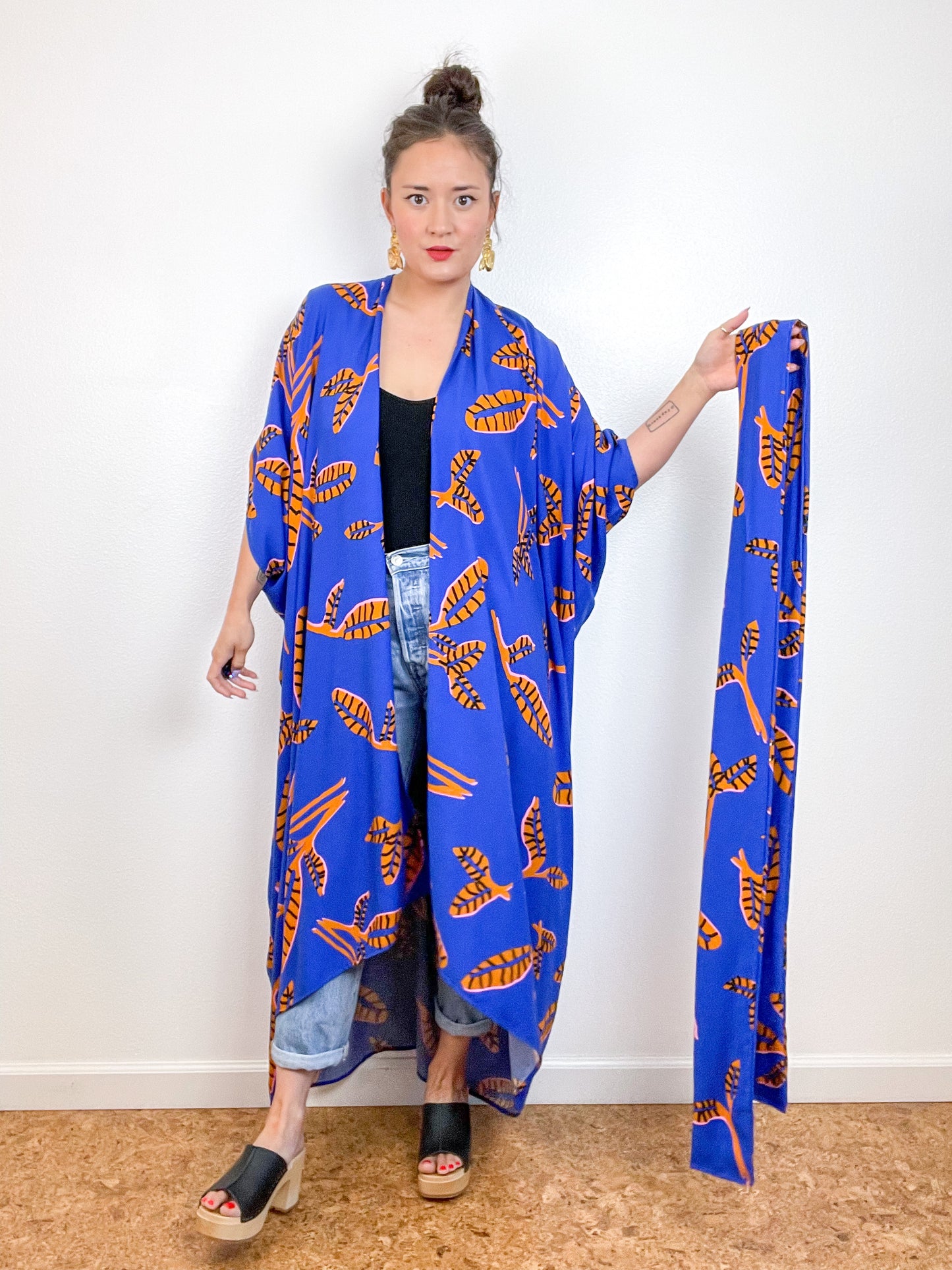 Print High Low Kimono Cobalt Amber Leaves Challis