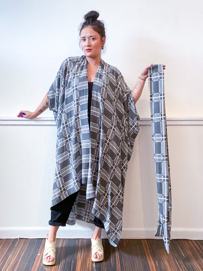 Print High Low Kimono Houndstooth Plaid Rayon