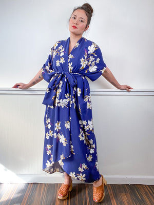 Print High Low Kimono Navy Jasmine Challis