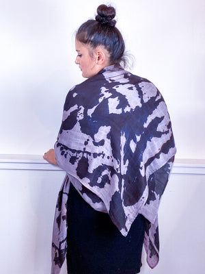 Hand-Dyed Large Square Scarf Grey Black Inkblot