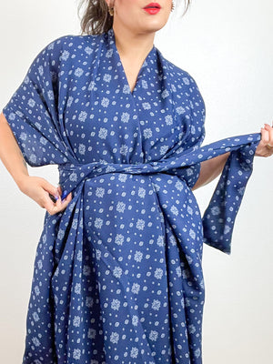 Print High Low Kimono Navy Bandana Crinkle Gauze