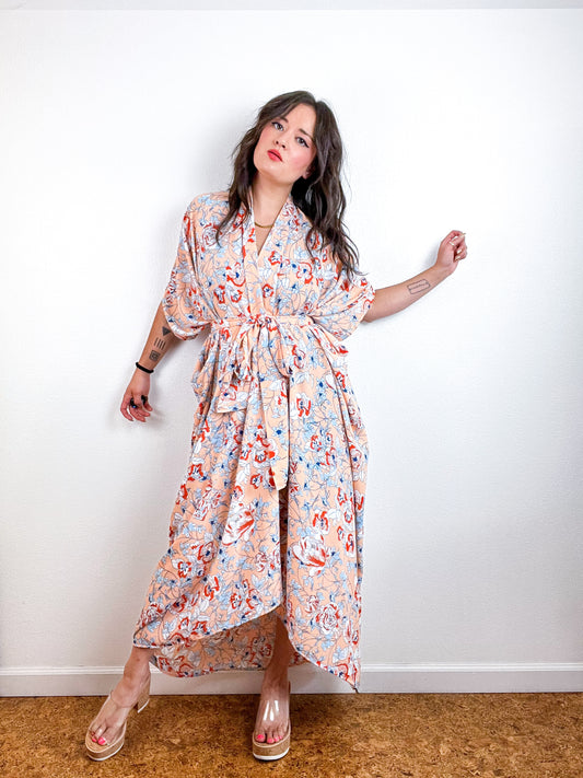 Print High Low Kimono Peach Floral Georgette