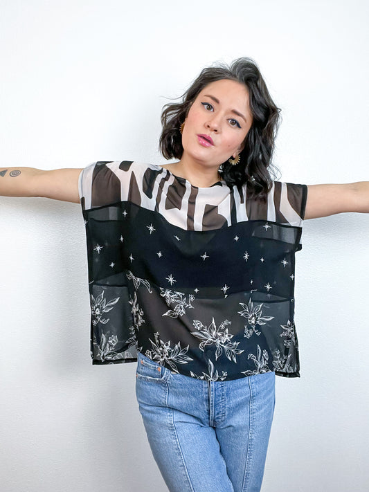 Scrappy Crop Black White Graphic Star Floral
