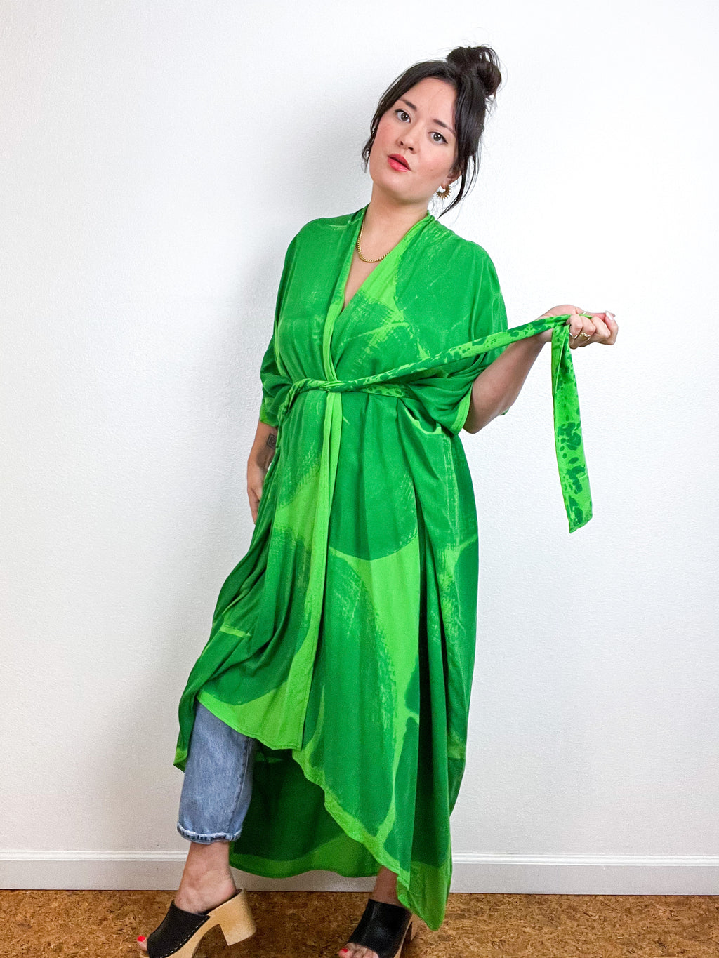 Hand-Dyed High Low Kimono Double Green Arc