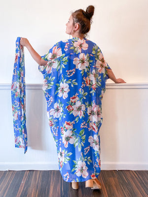 Print High Low Kimono Turquoise Tropical Floral Chiffon