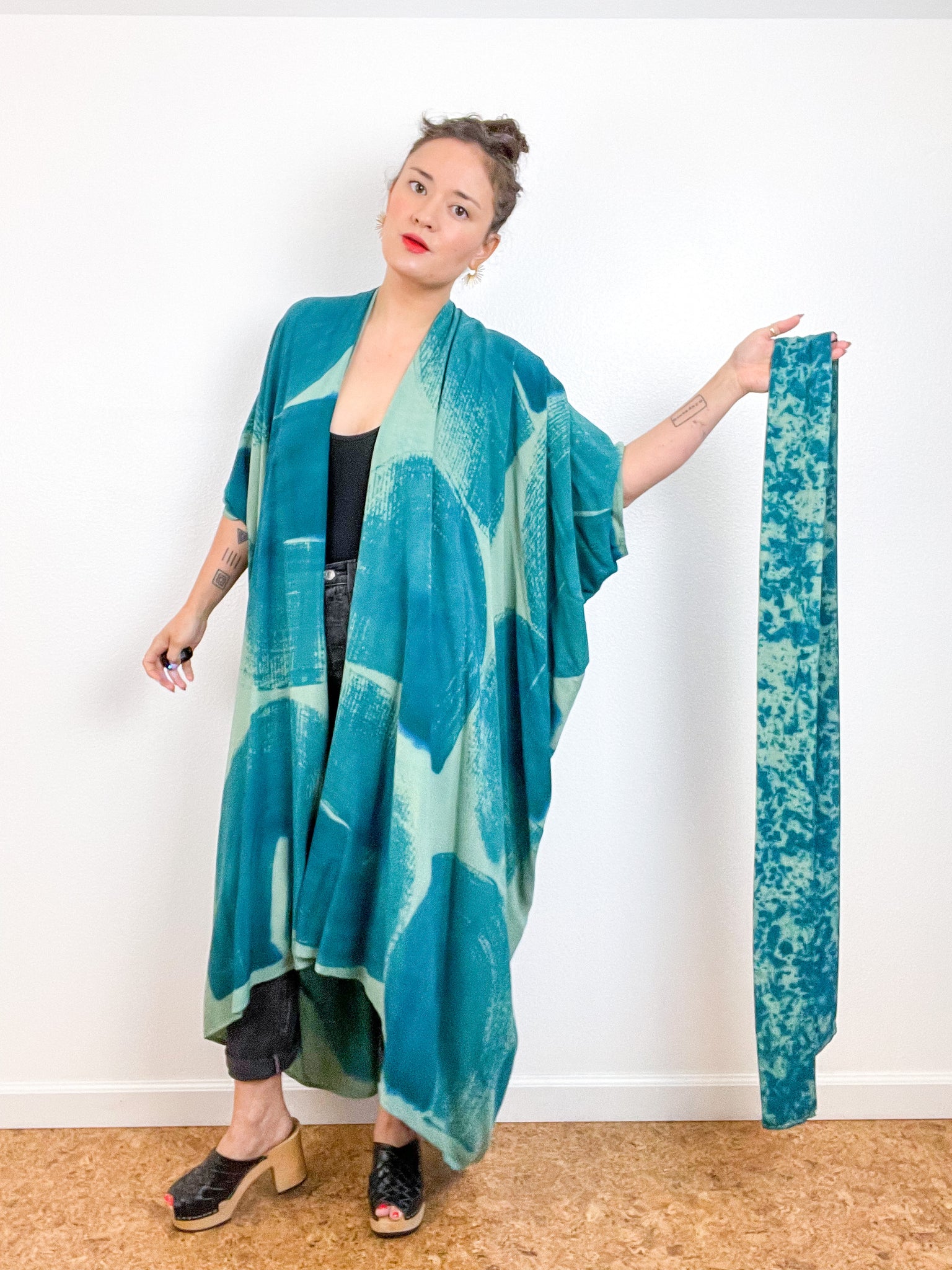 Hand-Dyed High Low Kimono Sage Teal Brushstroke