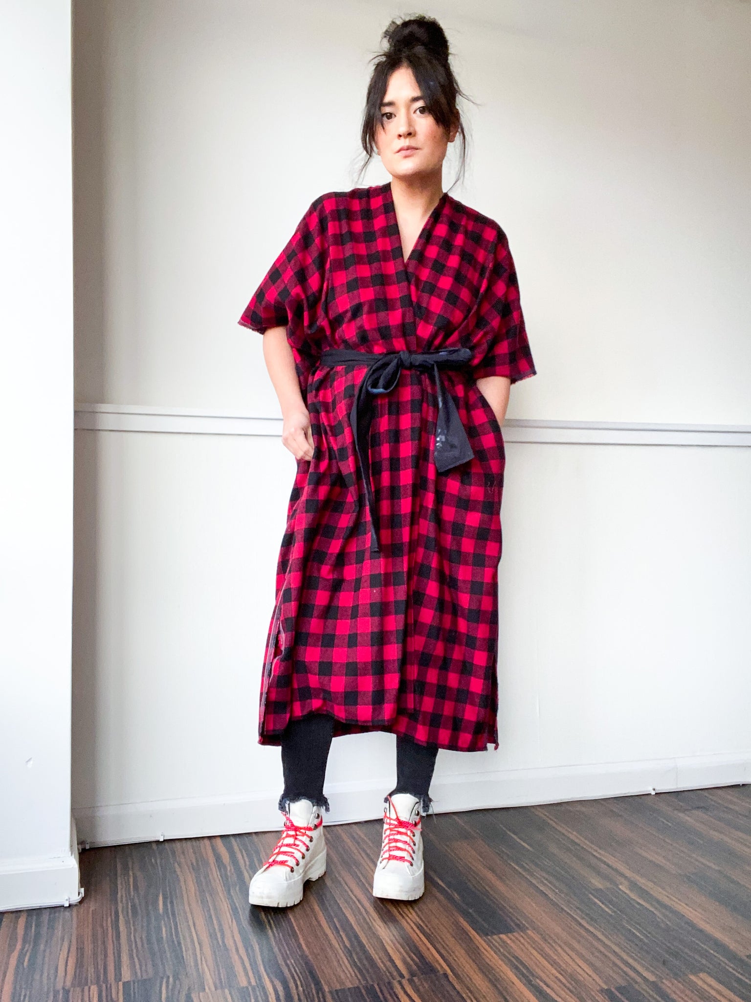 Everyday Midi Kimono Dress Plaid Red Check