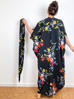 Print High Low Kimono Black Tulip Bubble Crepe
