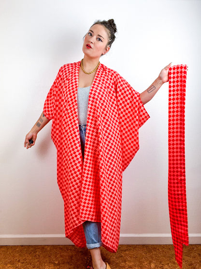 Print High Low Kimono Neon Checker Crepe de Chine