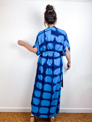 Hand-Dyed High Low Kimono Turquoise Royal Windowpane