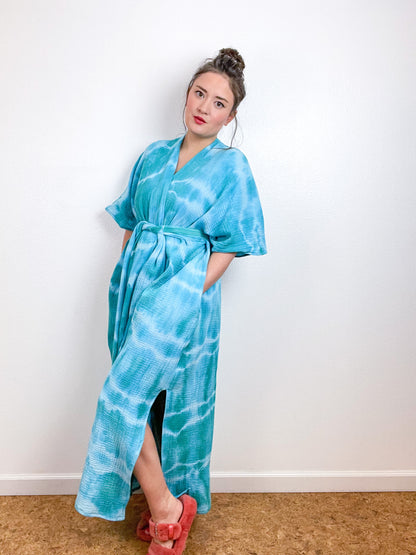 Double Gauze Duster Kimono Aqua Tie