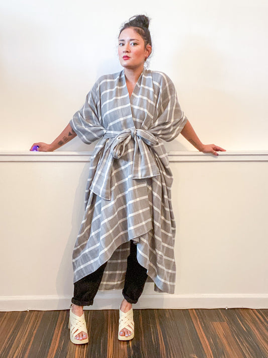 Print High Low Kimono Grey Plaid Rayon Woven