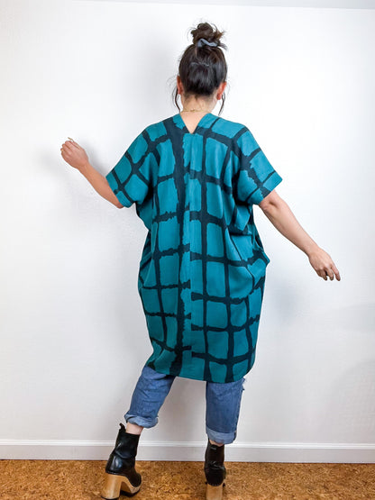 Hand-Dyed Mini Smock Dress Teal Black Windowpane