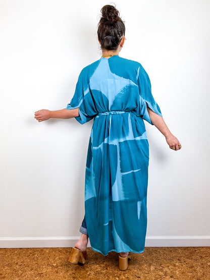 Hand-Dyed High Low Kimono Aqua Teal Brushstroke