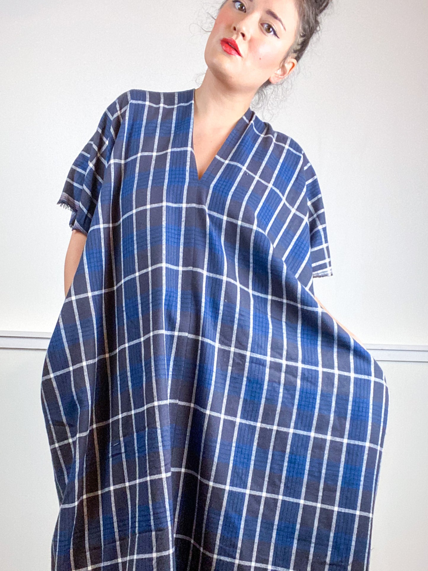 Plaid Smock Dress Charcoal Blue Midi